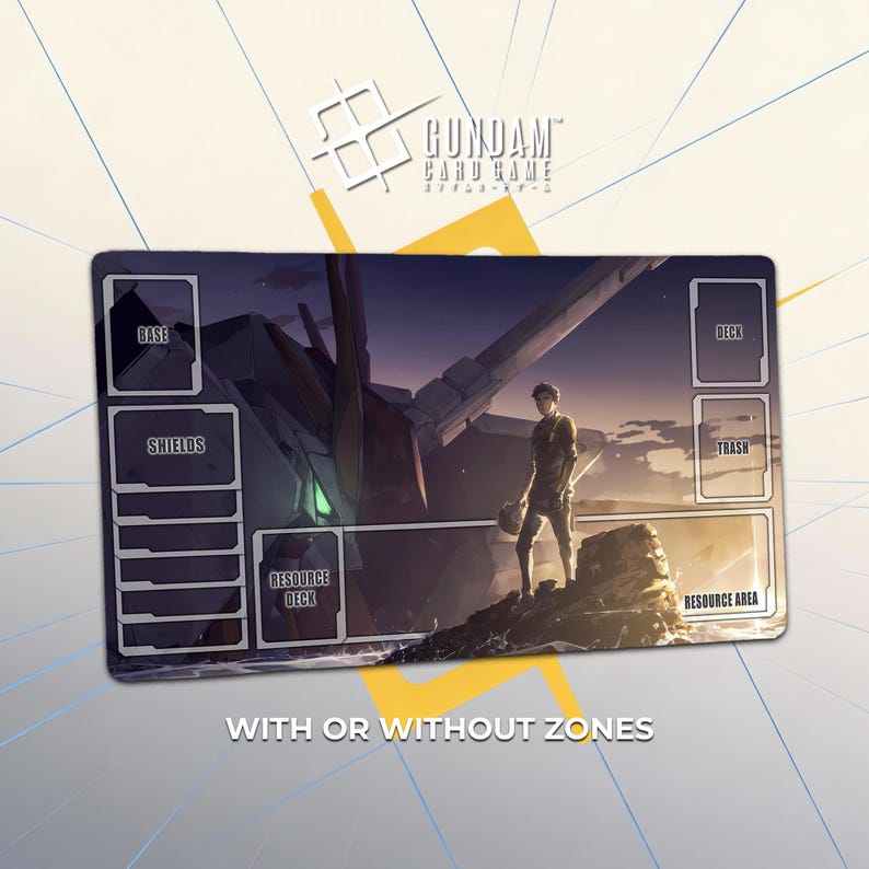 May include: Gundam card game playmat featuring a futuristic scene with a large robot and a person standing on a rock. The mat has labeled zones for gameplay, including "Base," "Shields," and "Resource Deck." The text "WITH OR WITHOUT ZONES" is at the bottom.