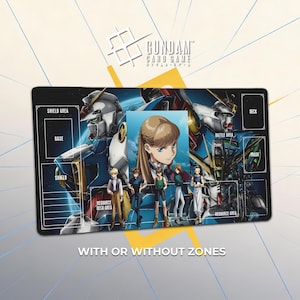 May include: A black Gundam card game playmat featuring illustrations of Gundam robots and characters. The mat includes designated zones for gameplay, such as shield, base, and resource areas. The text "WITH OR WITHOUT ZONES" is displayed at the bottom.