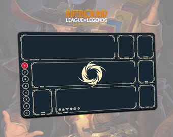 May include: A dark blue Riftbound League of Legends trading card game playmat. The mat features designated zones for cards, a central logo, and the text "Battlefield", "Base", "Rune Deck", and "Main Deck". The mat is rectangular with a white border.