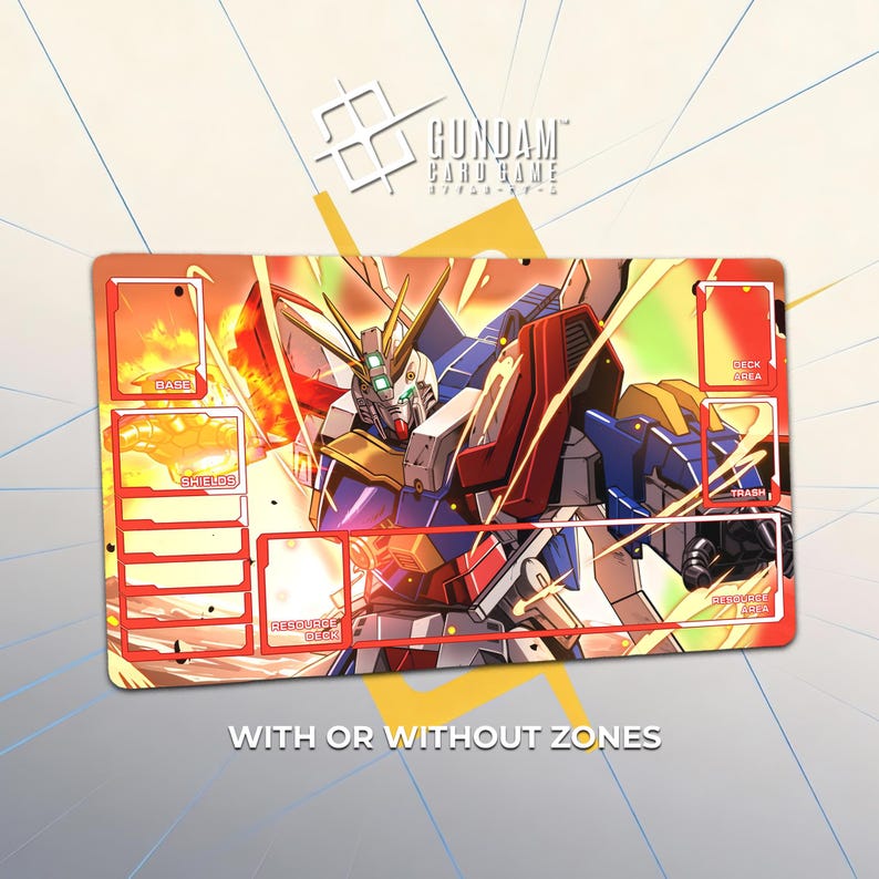 Puede incluir: Alfombrilla rectangular para el juego de cartas Gundam, con una ilustraci&oacute;n din&aacute;mica de un robot Gundam. La alfombrilla tiene zonas para cartas y el texto "WITH OR WITHOUT ZONES". El dise&ntilde;o incorpora rojo, azul, amarillo y blanco.