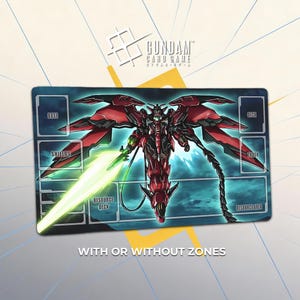 May include: A rectangular Gundam card game playmat featuring a red and black mech with a green energy sword. The mat has labeled zones for gameplay and the text "WITH OR WITHOUT ZONES". The Gundam Card Game logo is in the upper right.