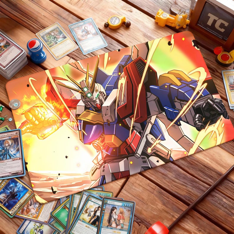 Puede incluir: Una colorida alfombrilla de juego con una ilustraci&oacute;n detallada de un robot mecha en acci&oacute;n, con una composici&oacute;n din&aacute;mica de tonos rojos, azules y amarillos. La alfombrilla est&aacute; rodeada de cartas coleccionables y accesorios de juego.