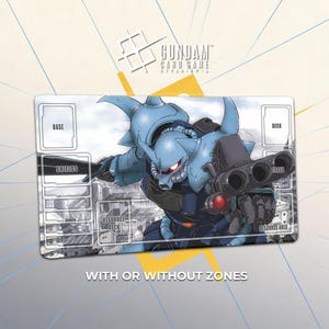 May include: A rectangular Gundam Card Game playmat featuring a blue mobile suit holding a large weapon. The mat includes printed game zones labeled Base, Shields, Deck, Trash, Resource Deck, and Resource Area over a grayscale city background.