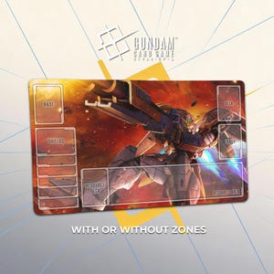 May include: A rectangular Gundam card game playmat with a dynamic illustration of a Gundam robot against a fiery background. The mat features designated zones for cards, including "Base," "Shields," "Deck," and "Trash." Text at the bottom reads "With or Without Zones."