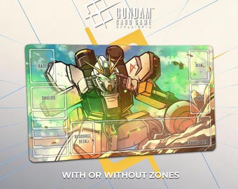 May include: A rectangular Gundam card game playmat featuring a detailed illustration of a Gundam robot in action. The mat has designated zones for gameplay, including Base, Shields, Deck, Trash, and Resource areas. The text "WITH OR WITHOUT ZONES" is displayed.