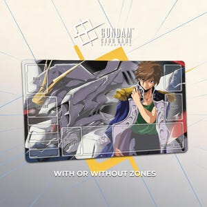 May include: A rectangular Gundam card game playmat featuring a detailed illustration of a Gundam robot and a character. The mat has designated zones for gameplay, with text labels like "BASE," "SHIELDS," and "DECK." The text "WITH OR WITHOUT ZONES" is also present.