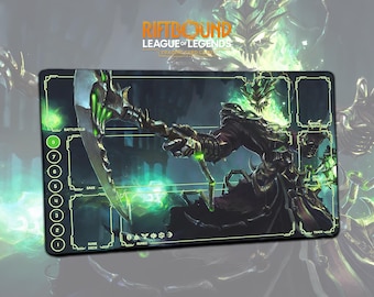May include: A rectangular playmat featuring a dark fantasy illustration of a skeletal figure with a scythe, in shades of green, black, and purple. The playmat has labeled zones for gameplay, with the text "RIFTBOUND LEAGUE OF LEGENDS TRADING CARD GAME".