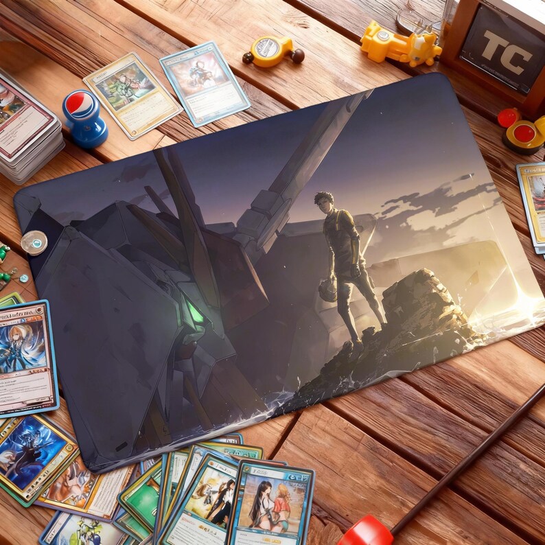 May include: A rectangular gaming mousepad featuring a detailed anime-style illustration of a futuristic robot and a person standing on a rocky surface. The color palette includes shades of gray, blue, and green. Trading cards are scattered around the mousepad.