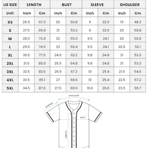 The image is a printed size chart for a baseball jersey, providing the measurements for different sizes.