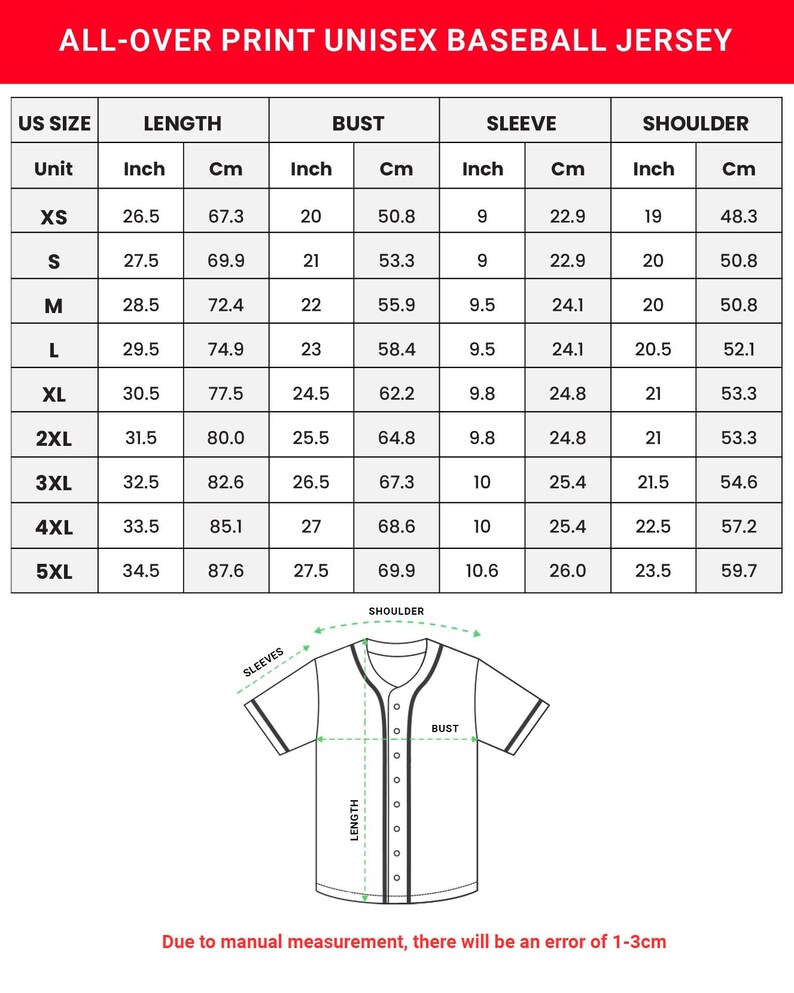 The image is a printed size chart for a baseball jersey, providing the measurements for different sizes.