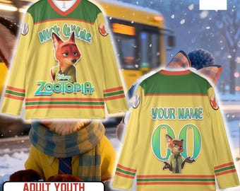 Nick Wilde Zootopia Hockey Jersey, Adult Youth Long Sleeve Baseball Style Shirt, Cartoon Sports Jersey Gift