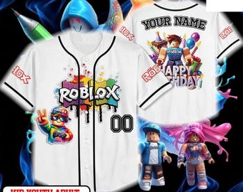 Roblox Birthday Baseball Jersey, Personalized Name Number Shirt, Kids Youth Adult Gaming Button Up Jersey, Roblox Party Outfit