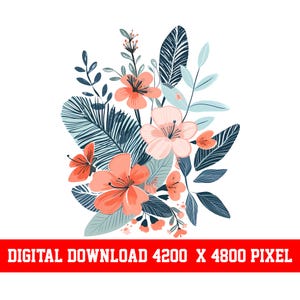 Modern blommig clipart PNG, abstrakt botanisk illustration, korall- och blå blombukett, minimalistisk digital nedladdning för sublimering