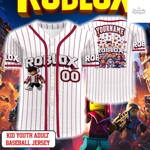 Roblox Pinstripe Baseball Jersey, Personalized Name & Number Shirt, Kids Youth Adult Gaming Baseball Jersey, Button Up Gamer Top