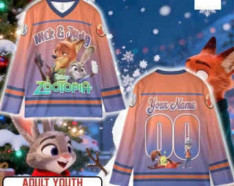 Nick & Judy Zootopia Hockey Jersey, Custom Name Number Baseball Style Shirt, Adult Youth Long Sleeve Cartoon Sports Jersey