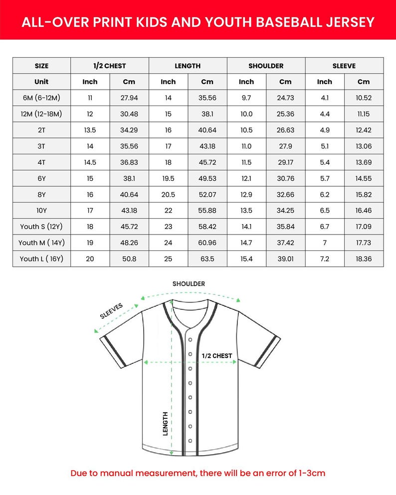 The image is a printed children's baseball jersey size chart, providing measurements for different age groups, including kids and youth.