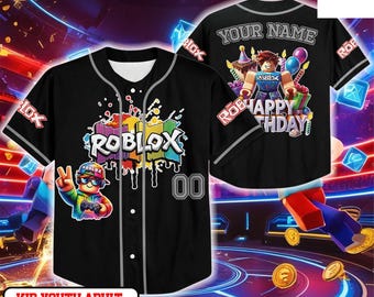 Roblox Birthday Gamer Baseball Jersey, Custom Name Button Up Shirt, Kids Youth Adult Roblox Party Jersey, Gaming Fan Gift