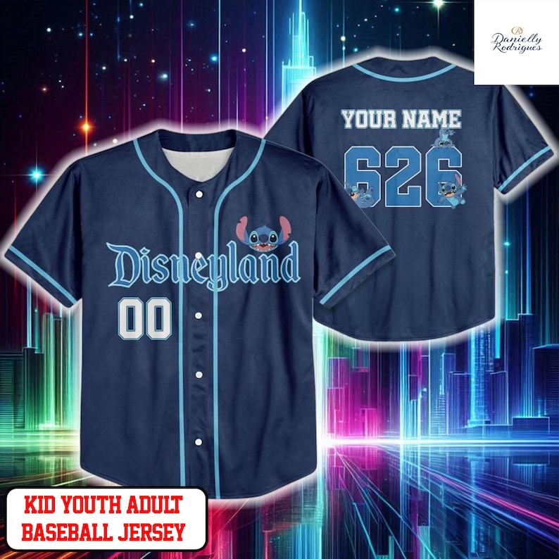 A blue baseball jersey with the Disney theme park logo and the number 626, featuring a personalized name and a city skyline in the background.