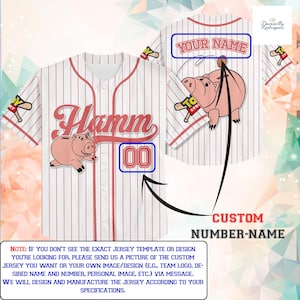 A baseball jersey with a pig design, featuring a custom number name and a message indicating that the design is not yet complete and the customer will receive a picture of the custom jersey design.