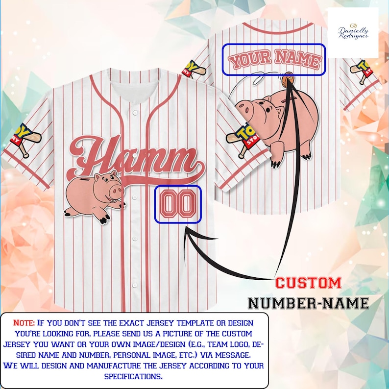 A baseball jersey with a pig design, featuring a custom number name and a message indicating that the design is not yet complete and the customer will receive a picture of the custom jersey design.