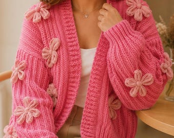 Pink Bow Cardigan, Cute Knit Sweater, Feminine Y2K Style, Women Gift for Her, Bridal Shower Outfit, Oversized Boho Sweater, Handmade Crochet