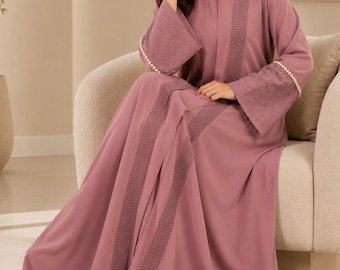 Abaya with Hijab Pearl Ruffle Korean Georgette Kaftan Kimono Maxi Cottagecore Dress Islamic Modest Wear Dress Maternity Gown Tatreez Outfit