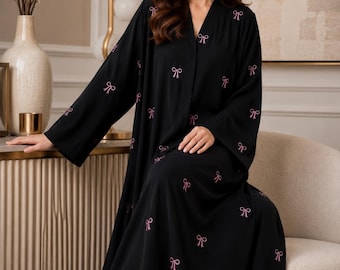 Black Embroidered Bow Abaya, Hijab Korean georgette Islamic Kaftan Kimono Maxi Modest Wear Cottagecore Dress, Maternity Gown, Tatreez Outfit