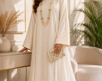 White Abaya Hijab keffiyeh Gold Lace Korean Georgette Kaftan Kimono Maxi Cottagecore Islamic Modest Dress Maternity Gown Wear Tatreez Outfit