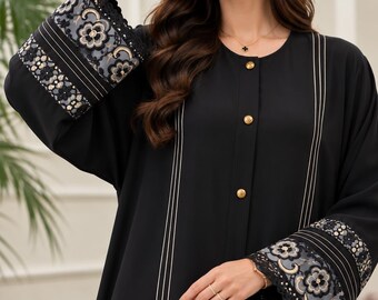 Abaya with Hijab Floral Embroidered Korean Georgette Kaftan Kimono Maxi Cottagecore Dress Islamic Modest Wear Maternity Gown Tatreez Outfit