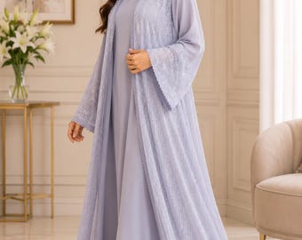 Abaya with Hijab Embellished Panel Korean Georgette Kaftan Kimono Maxi Cottagecore Dress Islamic Modest Wear Maternity Gown Tatreez Outfit