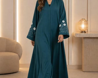 Abaya for Women Teal Floral Embroidered Abaya Nada Fabric Kaftan Maxi Dress Hajj Eid Islamic Modest Dress Comfortable Tatreez kimono Outfit