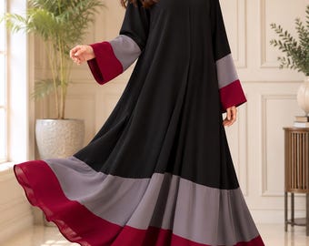 Abaya with Hijab Multi Color Block Korean Georgette Kaftan, Kimono Maxi Cottagecore Dress Islamic Modest Dress Maternity Gown Tatreez Outfit