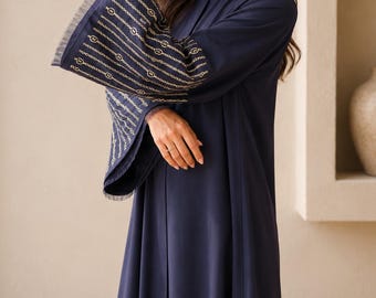Blue Printed Abaya & Hijab keffiyeh Korean Georgette Kaftan Kimono Maxi Cottagecore Dress Islamic Modest Dress Maternity Gown Tatreez Outfit