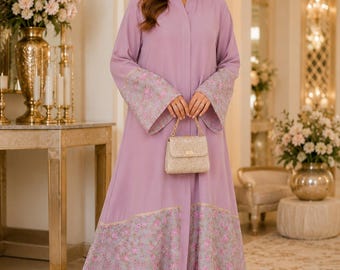 Abaya with Hijab Pastel Floral Korean Georgette Kaftan Kimono Maxi Cottagecore Dress Islamic Modest Wear Maternity Gown Dress Tatreez Outfit
