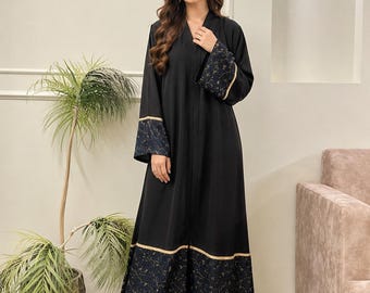 Zari Embroidered Abaya Floral Korean Georgette Kaftan Kimono Maxi Cottagecore Dress, Islamic Modest Wear Maternity Gown Dress Tatreez Outfit