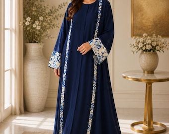 Blue Abaya & Hijab keffiyeh Printed Korean Georgette Kaftan Kimono Maxi Cottagecore Dress Islamic Modest Dress Maternity Gown Tatreez Outfit