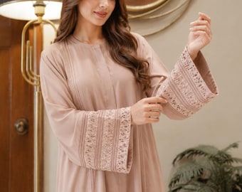 Pink Abaya & Hijab keffiyeh Printed Sleeve Korean Georgette Kaftan Kimono Maxi Cottagecore Dress Islamic Modest Dress Maternity Gown Tatreez