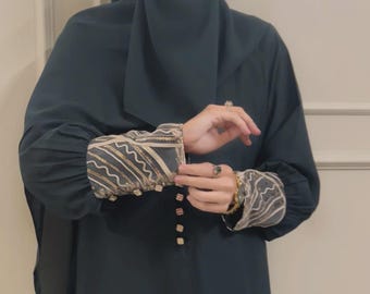 Abaya for Women Gold Sequin work Cuff Button Detail Korean Georgette Kaftan Kimono Maxi Dress Eid Modest Dress Islamic Tatreez hijab Gift