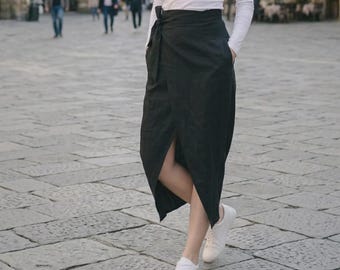 Wrap Skirt Cotton High Waisted Minimalist Pencil Style with Pockets, Custom Work, Occasion Midi Skirt Gift for Women, Linen long tree skirt
