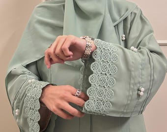 Abaya for Women Sage Green Wedding Abaya Pearl Embellished Lace Korean Georgette Kaftan Maxi Dress Eid Modest Dress Islamic Tatreez Outfit
