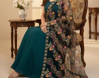 Green Embroidered Dupatta with mirror, Indian Pakistani Wedding Shawl, Bridal Dupatta for Salwar Kameez