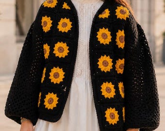 Black Sunflower Crochet Cardigan, Granny Square Floral Coat, Oversized Boho Sweater, Gift for Her, Fall Festival Outerwear, Handmade Crochet
