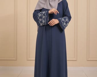 Abaya for Women Embroidered Sleeve Nada Fabric Kaftan Maxi Dress Eid Summer Modest Dress Islamic Comfortable Tatreez kimono Outfit