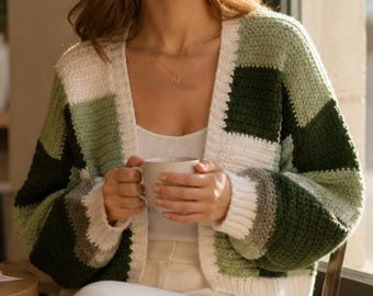 Green Patch Knit Crochet Cardigan Y2K Style Oversized Boho Sweater Handmade Layering Relax Fit Coat Gift for Her, All Season Mohair Cardigan