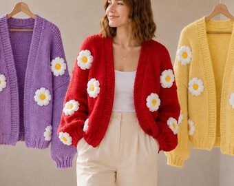 Daisy Flower Crochet Yarn Cardigan, Floral Boho Sweater Handmade Relaxed Fit Coat Gift for Her, Y2K Style Oversized Knitting Mohair Cardigan