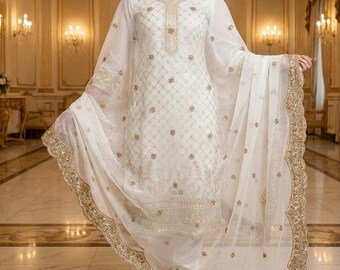 Dyeable Chiffon Bridal Dupatta, Gold Zari Sequin Embroidery, Wedding Stole (Custom Color)