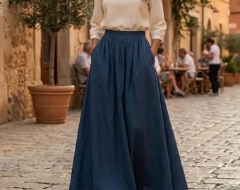 Cotton Long Maxi Skirt Wide Flare High Waist with Pockets, Customize Everyday Occasion Linen Skirt Gift for Women, Handmade wrap midi Skirt