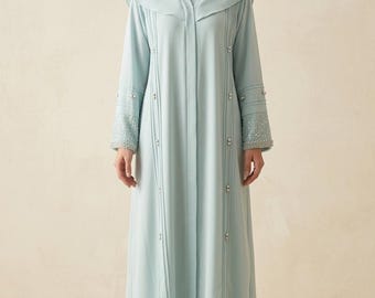 Pearl Embellished Abaya for Women Korean Georgette Kaftan Maxi Dress Eid Hajj Islamic Modest Dress Abaya Set Comfortable Tatreez kimono