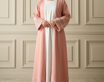 Pink Abaya for Women Embellished Lace Abaya Set with Inner Korean Georgette Kaftan Maxi Hajj Modest Dress Islamic Tatreez Hijab Outfit Gift
