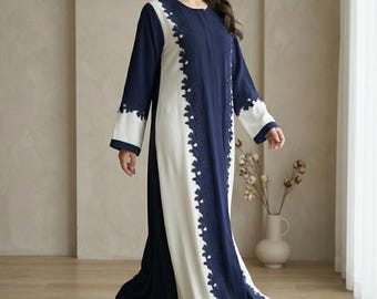 Blue White Eid Abaya Paneled Half Floral Design Modest Dress Hajj Umrah Islamic Tatreez hijab gift Kimono Korean Georgette Kaftan Maxi Dress